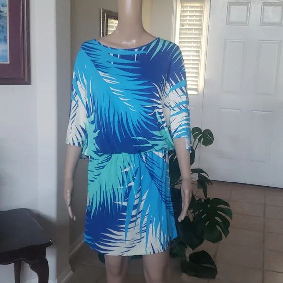 Tibi | Dresses | Tibi L Ocean Hues Artsy Tropical Foliage Flowy Half Sleeve  Waist Band Mini Dress | Poshmark